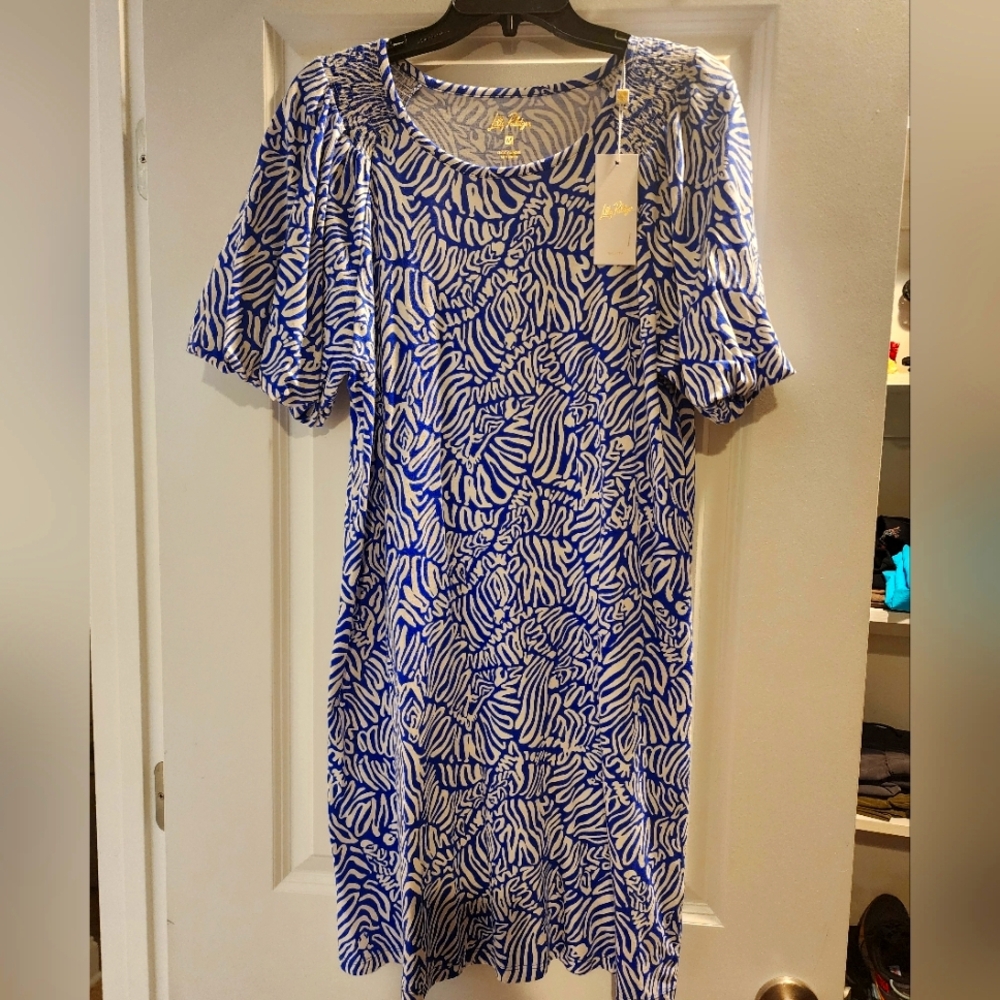 Lilly Pulitzer Rosen T Shirt Blue and White Puff Sleeve Mini Dress Medium